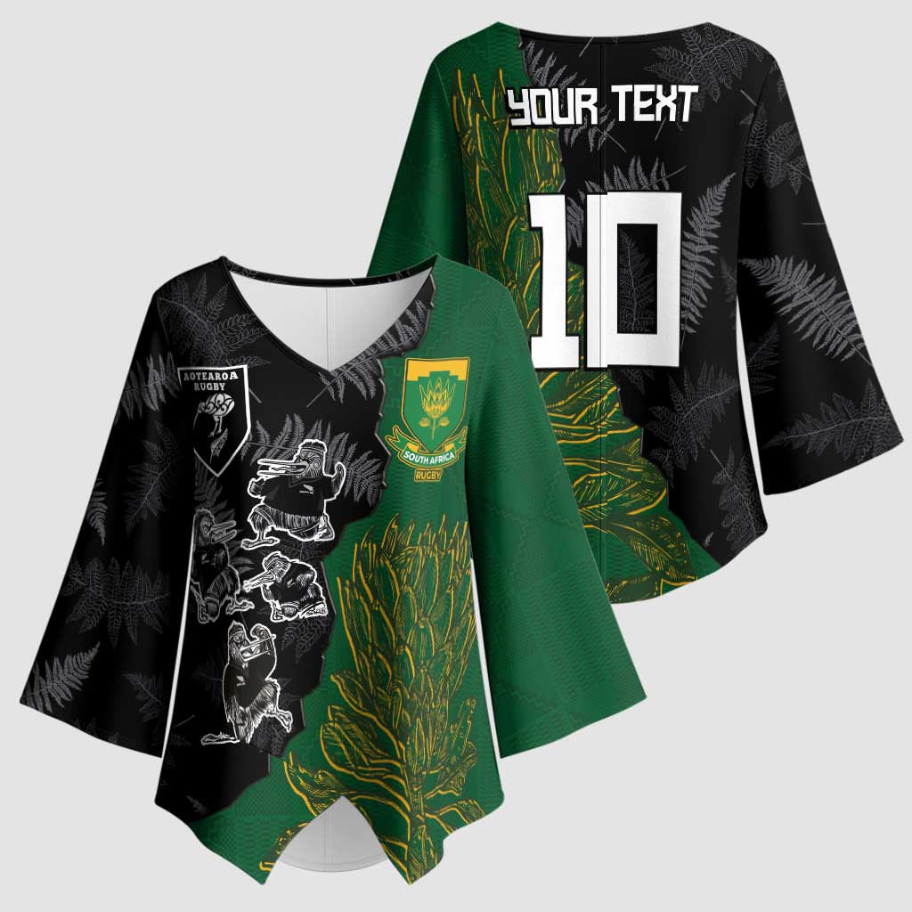 Custom Aotearoa South Africa Rugby Freedom Cup Kimono Sleeve Blouse Kiwi Warriors Haka with King Protea Symbol LT03 - Polynesian Pride