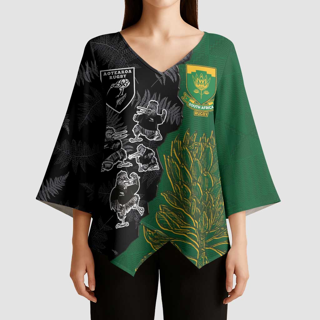 Custom Aotearoa South Africa Rugby Freedom Cup Kimono Sleeve Blouse Kiwi Warriors Haka with King Protea Symbol LT03 - Polynesian Pride