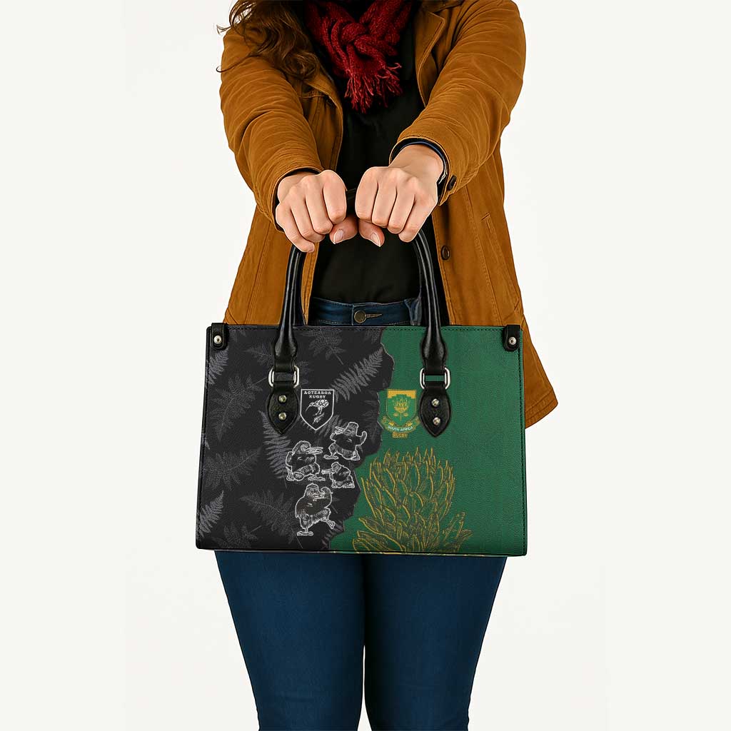 Aotearoa South Africa Rugby Freedom Cup Leather Bag Kiwi Warriors Haka with King Protea Symbol - Polynesian Pride