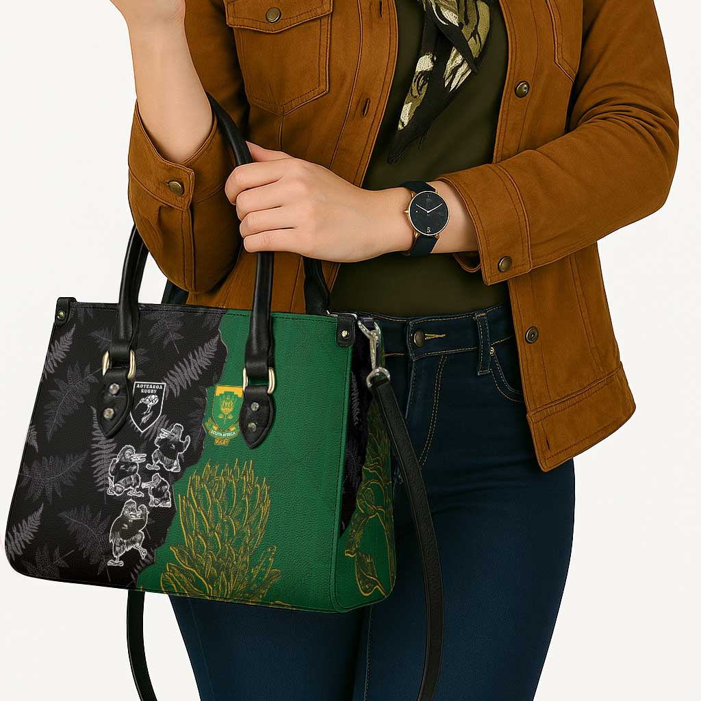 Aotearoa South Africa Rugby Freedom Cup Leather Bag Kiwi Warriors Haka with King Protea Symbol - Polynesian Pride