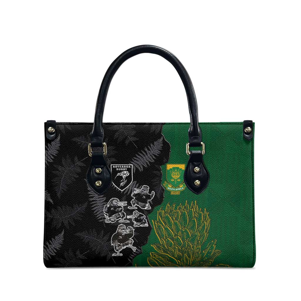 Aotearoa South Africa Rugby Freedom Cup Leather Bag Kiwi Warriors Haka with King Protea Symbol - Polynesian Pride