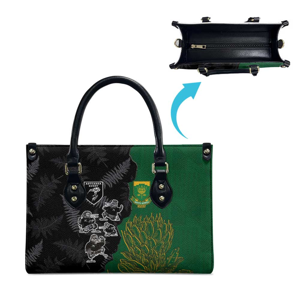 Aotearoa South Africa Rugby Freedom Cup Leather Bag Kiwi Warriors Haka with King Protea Symbol - Polynesian Pride