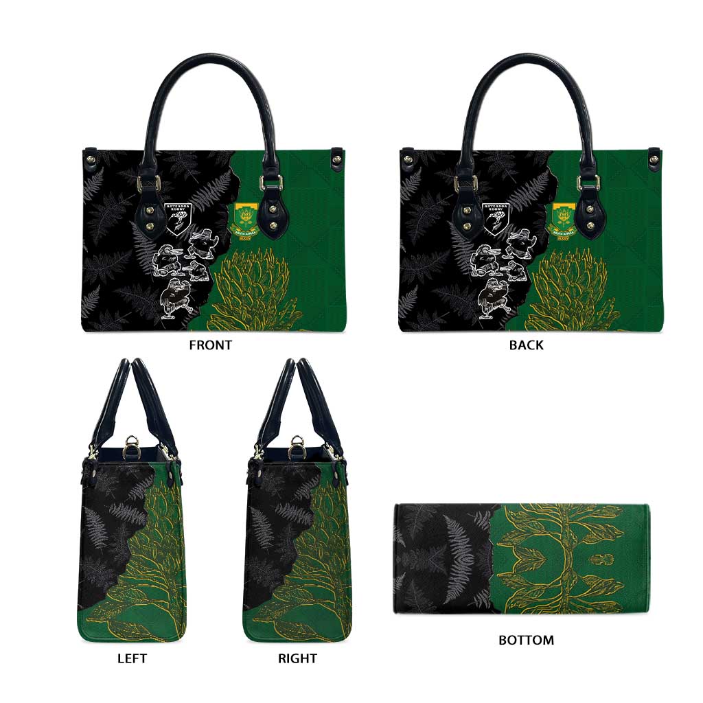 Aotearoa South Africa Rugby Freedom Cup Leather Bag Kiwi Warriors Haka with King Protea Symbol - Polynesian Pride