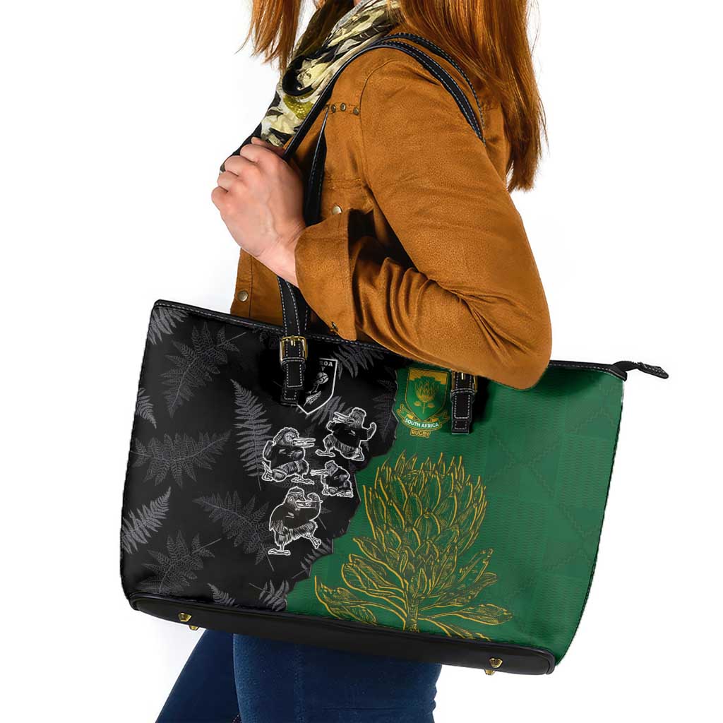 Aotearoa South Africa Rugby Freedom Cup Leather Tote Bag Kiwi Warriors Haka with King Protea Symbol LT03 Green - Polynesian Pride