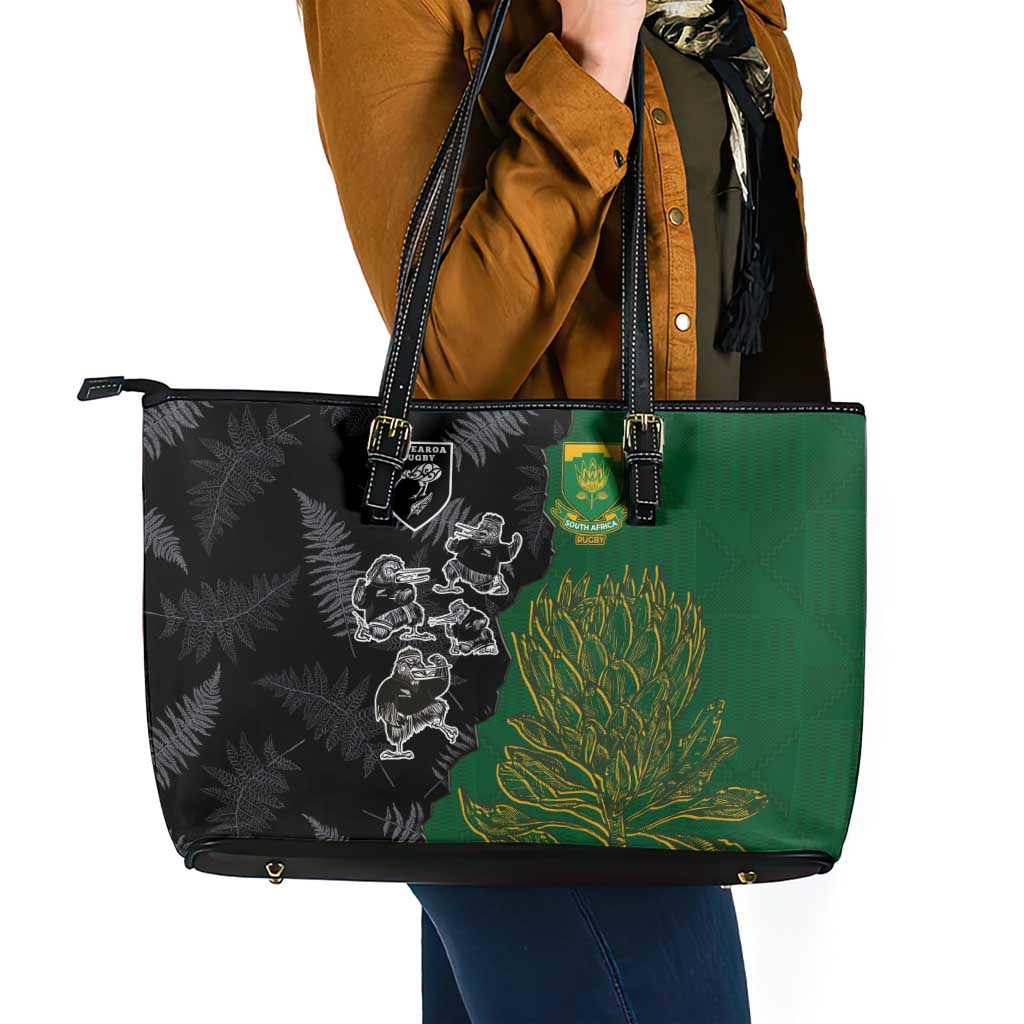 Aotearoa South Africa Rugby Freedom Cup Leather Tote Bag Kiwi Warriors Haka with King Protea Symbol LT03 - Polynesian Pride