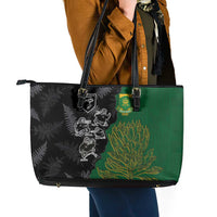 Aotearoa South Africa Rugby Freedom Cup Leather Tote Bag Kiwi Warriors Haka with King Protea Symbol LT03 - Polynesian Pride