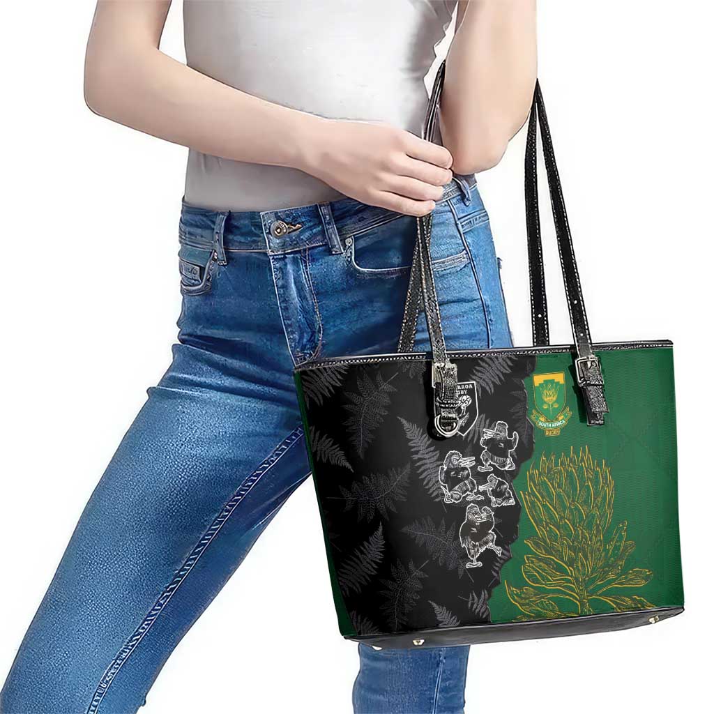 Aotearoa South Africa Rugby Freedom Cup Leather Tote Bag Kiwi Warriors Haka with King Protea Symbol LT03 - Polynesian Pride