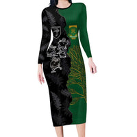 Custom Aotearoa South Africa Rugby Freedom Cup Long Sleeve Bodycon Dress Kiwi Warriors Haka with King Protea Symbol LT03 Long Dress Green - Polynesian Pride