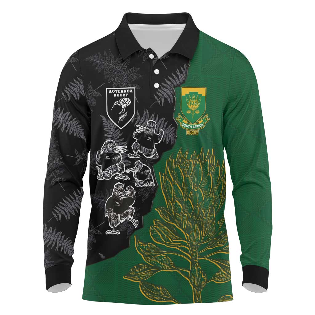 Custom Aotearoa South Africa Rugby Freedom Cup Long Sleeve Polo Shirt Kiwi Warriors Haka with King Protea Symbol LT03 Green - Polynesian Pride