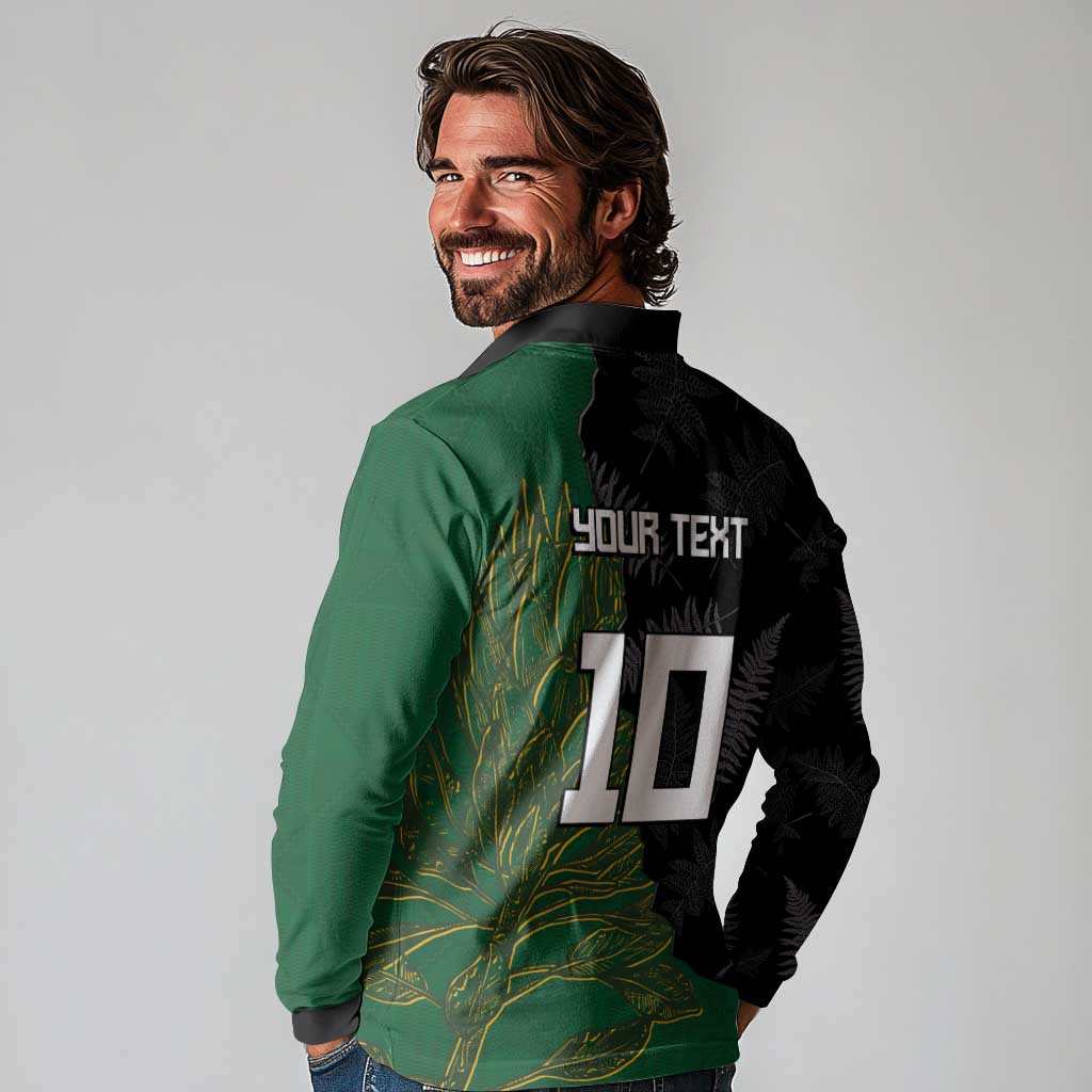 Custom Aotearoa South Africa Rugby Freedom Cup Long Sleeve Polo Shirt Kiwi Warriors Haka with King Protea Symbol LT03 - Polynesian Pride