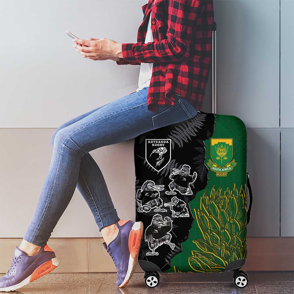 Aotearoa South Africa Rugby Freedom Cup Luggage Cover Kiwi Warriors Haka with King Protea Symbol LT03 - Polynesian Pride