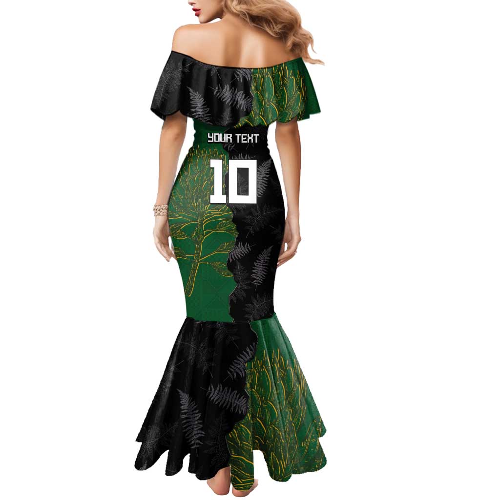Custom Aotearoa South Africa Rugby Freedom Cup Mermaid Dress Kiwi Warriors Haka with King Protea Symbol LT03 - Polynesian Pride