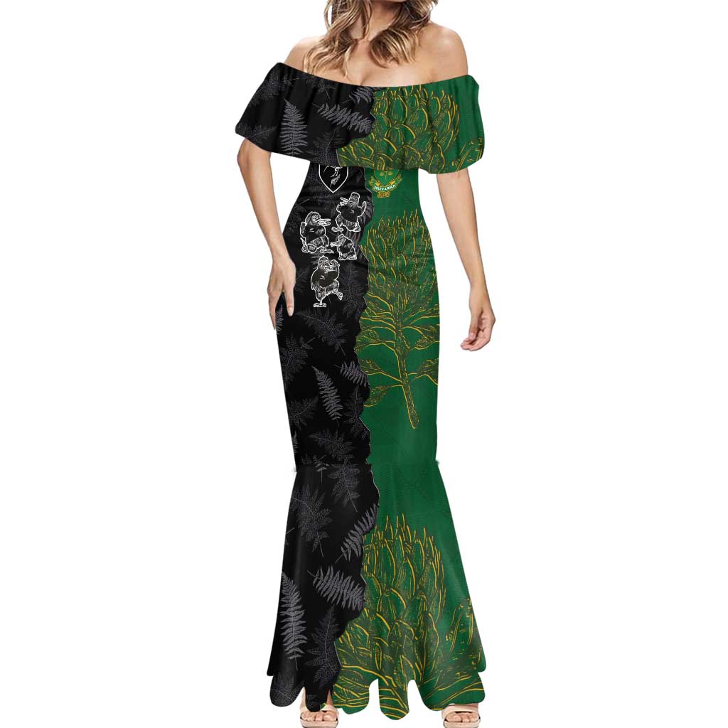 Custom Aotearoa South Africa Rugby Freedom Cup Mermaid Dress Kiwi Warriors Haka with King Protea Symbol LT03 - Polynesian Pride