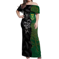 Custom Aotearoa South Africa Rugby Freedom Cup Off Shoulder Maxi Dress Kiwi Warriors Haka with King Protea Symbol LT03 Women Green - Polynesian Pride