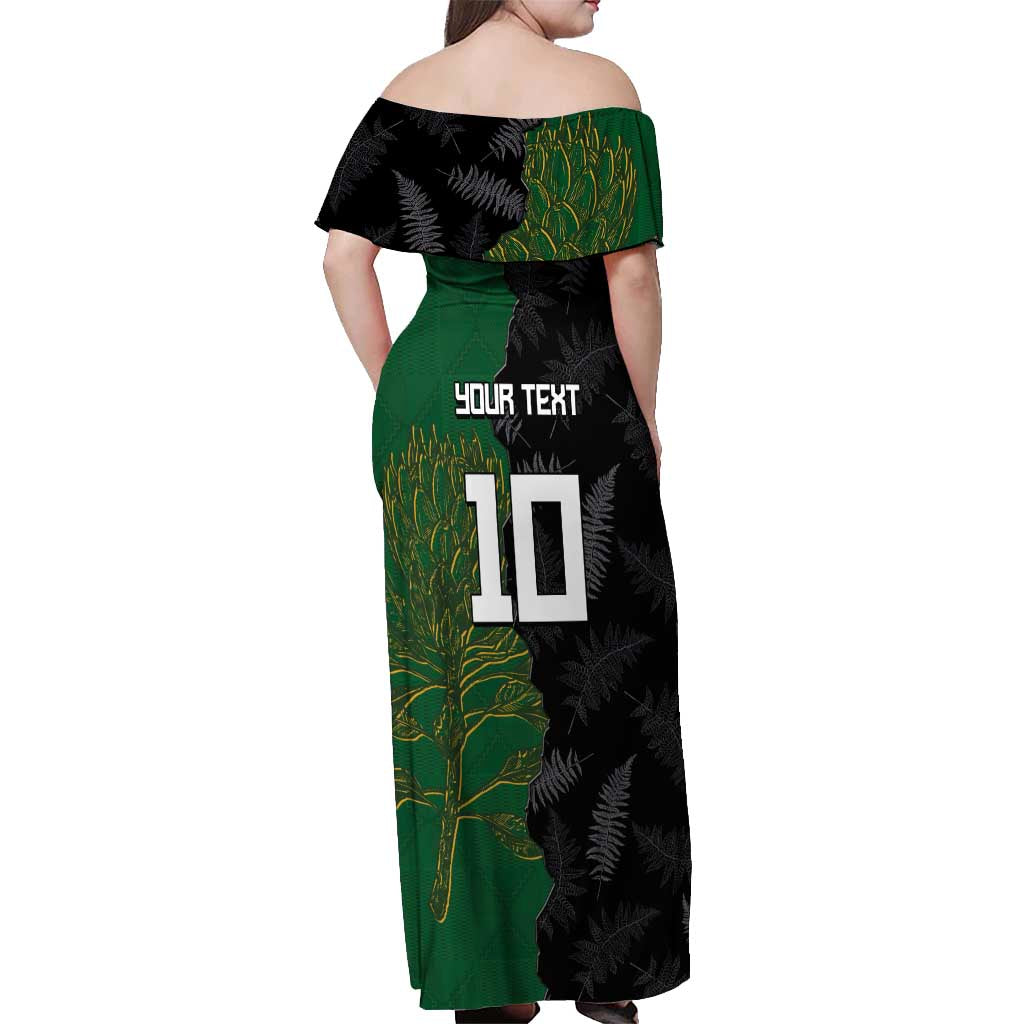 Custom Aotearoa South Africa Rugby Freedom Cup Off Shoulder Maxi Dress Kiwi Warriors Haka with King Protea Symbol LT03 - Polynesian Pride