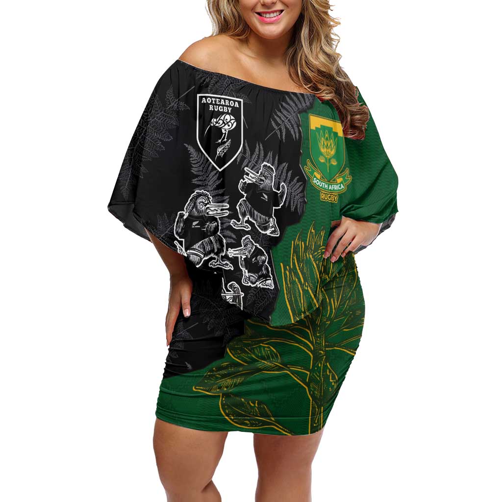 Custom Aotearoa South Africa Rugby Freedom Cup Off Shoulder Short Dress Kiwi Warriors Haka with King Protea Symbol LT03 Women Green - Polynesian Pride