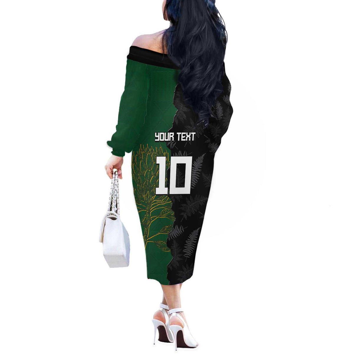 Custom Aotearoa South Africa Rugby Freedom Cup Off The Shoulder Long Sleeve Dress Kiwi Warriors Haka with King Protea Symbol LT03 - Polynesian Pride