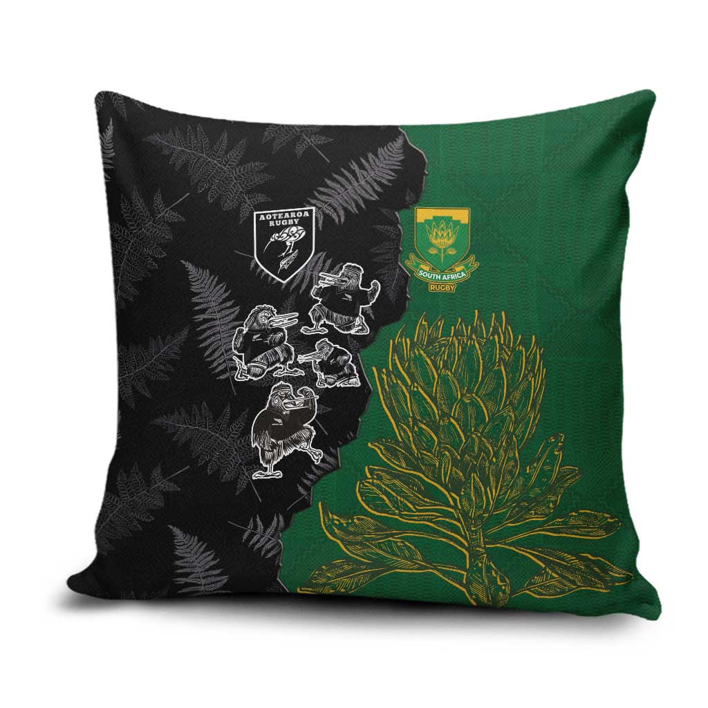 Aotearoa South Africa Rugby Freedom Cup Pillow Cover Kiwi Warriors Haka with King Protea Symbol LT03 Green - Polynesian Pride