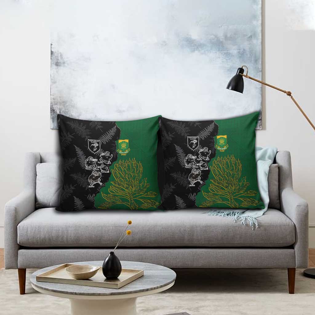 Aotearoa South Africa Rugby Freedom Cup Pillow Cover Kiwi Warriors Haka with King Protea Symbol LT03 - Polynesian Pride