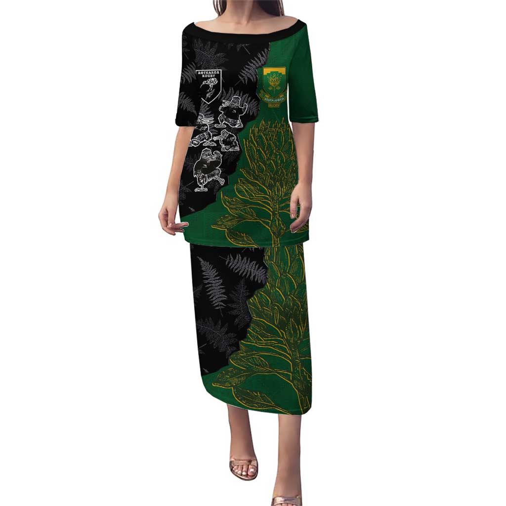 Custom Aotearoa South Africa Rugby Freedom Cup Puletasi Kiwi Warriors Haka with King Protea Symbol LT03 Long Dress Green - Polynesian Pride