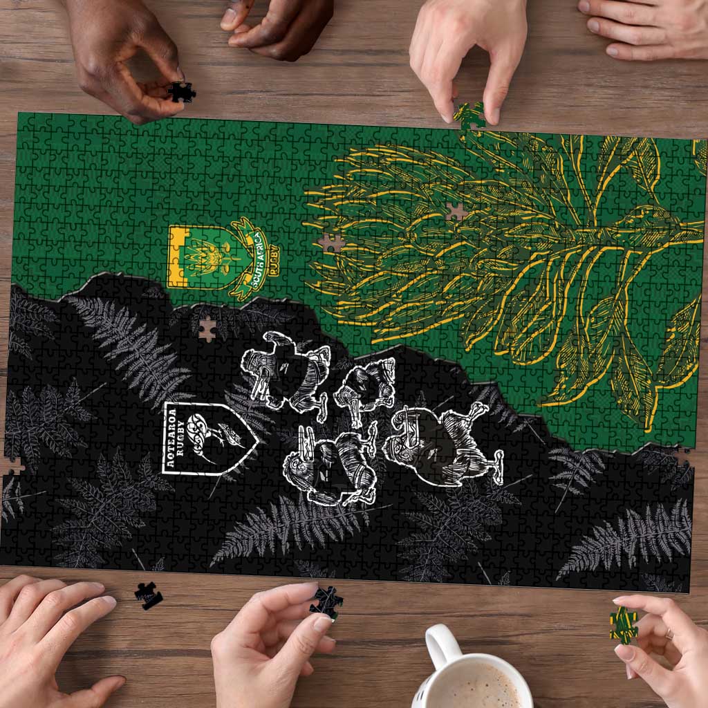 Aotearoa South Africa Rugby Freedom Cup Puzzle Kiwi Warriors Haka with King Protea Symbol - Polynesian Pride