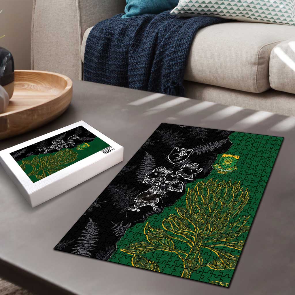Aotearoa South Africa Rugby Freedom Cup Puzzle Kiwi Warriors Haka with King Protea Symbol - Polynesian Pride
