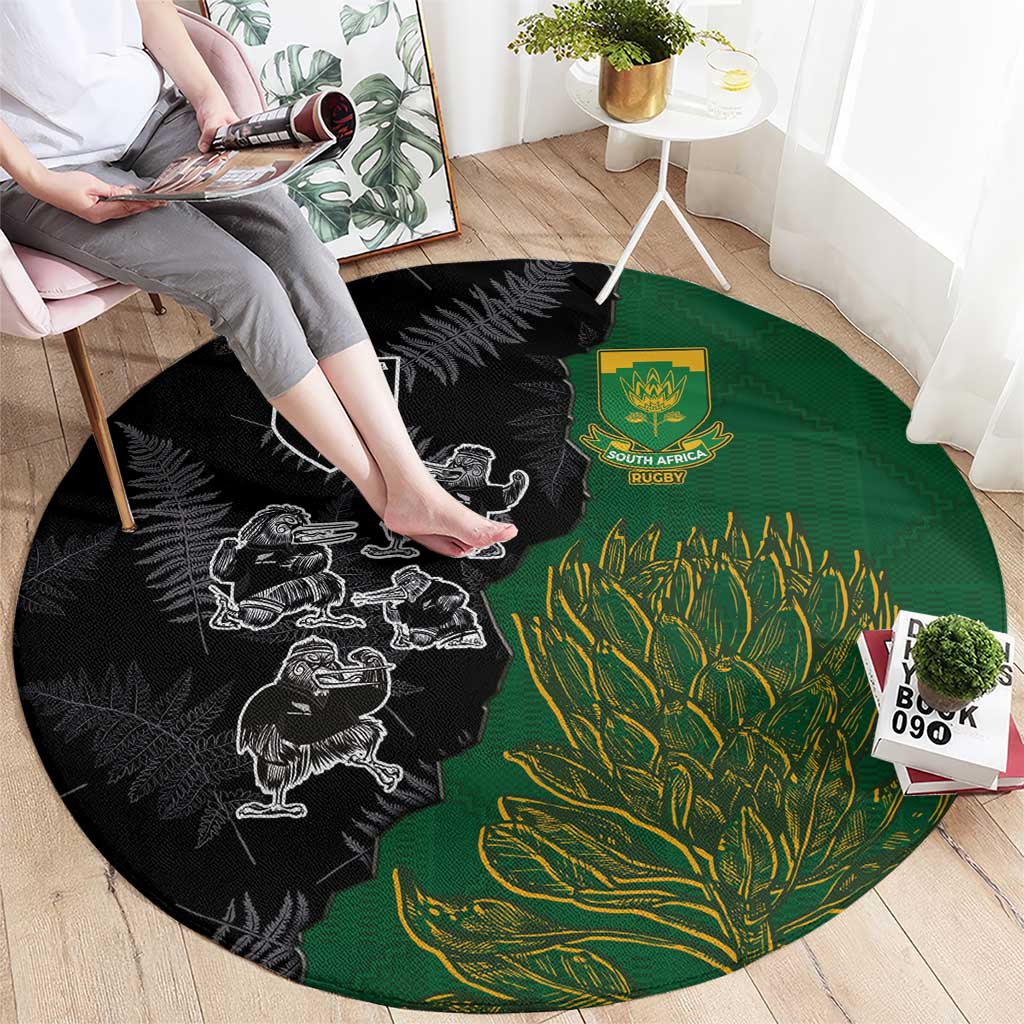 Aotearoa South Africa Rugby Freedom Cup Round Carpet Kiwi Warriors Haka with King Protea Symbol - Polynesian Pride