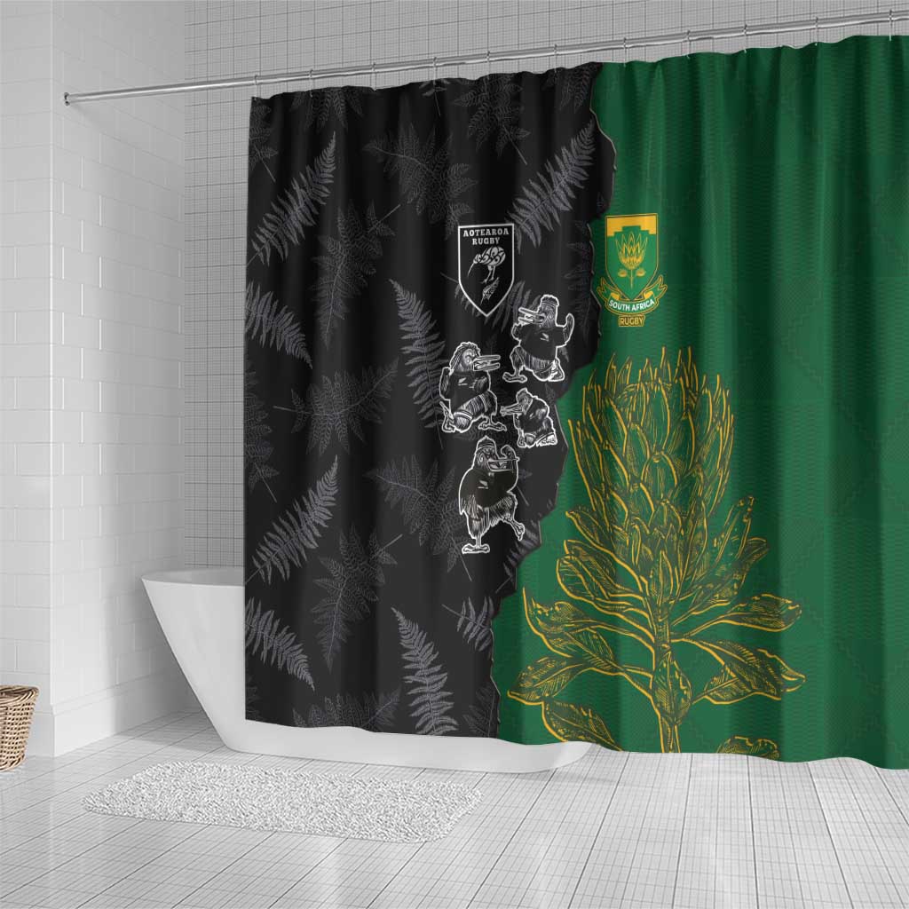 Aotearoa South Africa Rugby Freedom Cup Shower Curtain Kiwi Warriors Haka with King Protea Symbol LT03 - Polynesian Pride