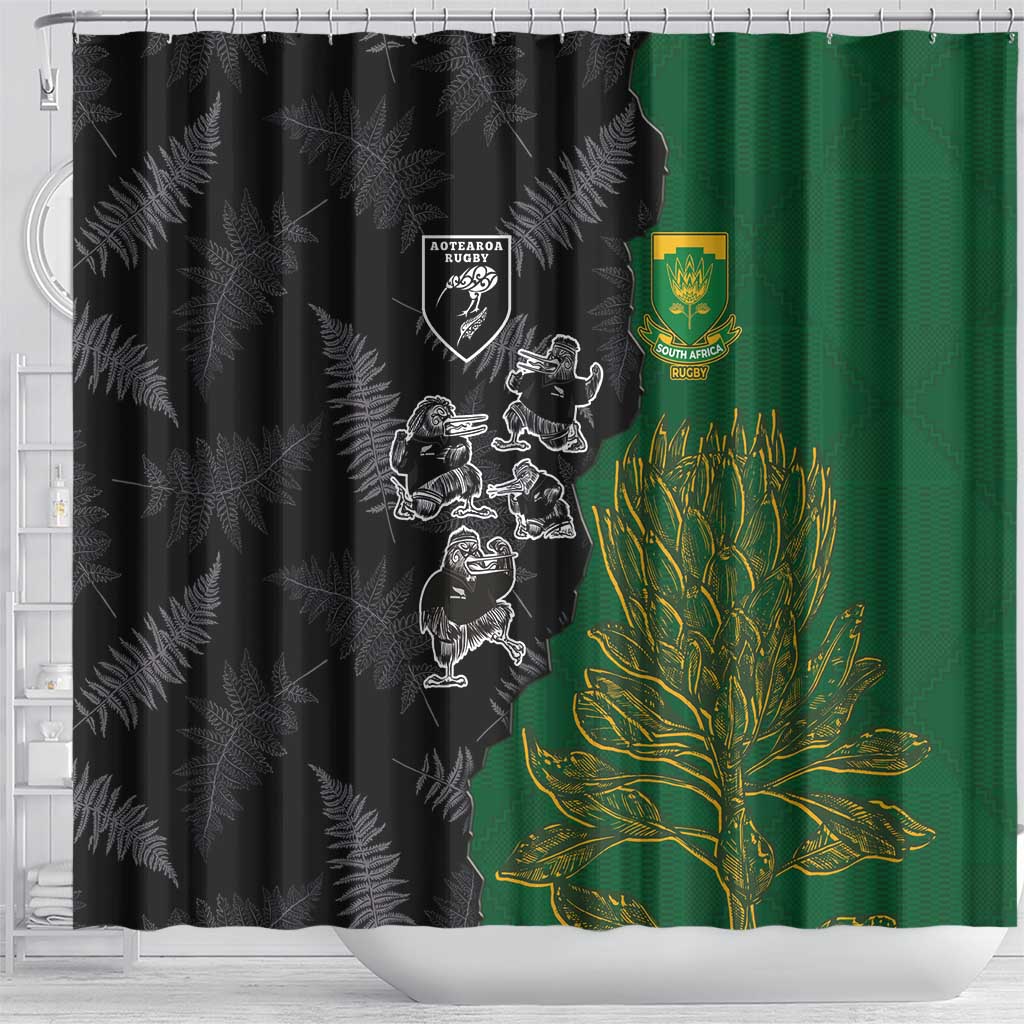 Aotearoa South Africa Rugby Freedom Cup Shower Curtain Kiwi Warriors Haka with King Protea Symbol LT03 - Polynesian Pride