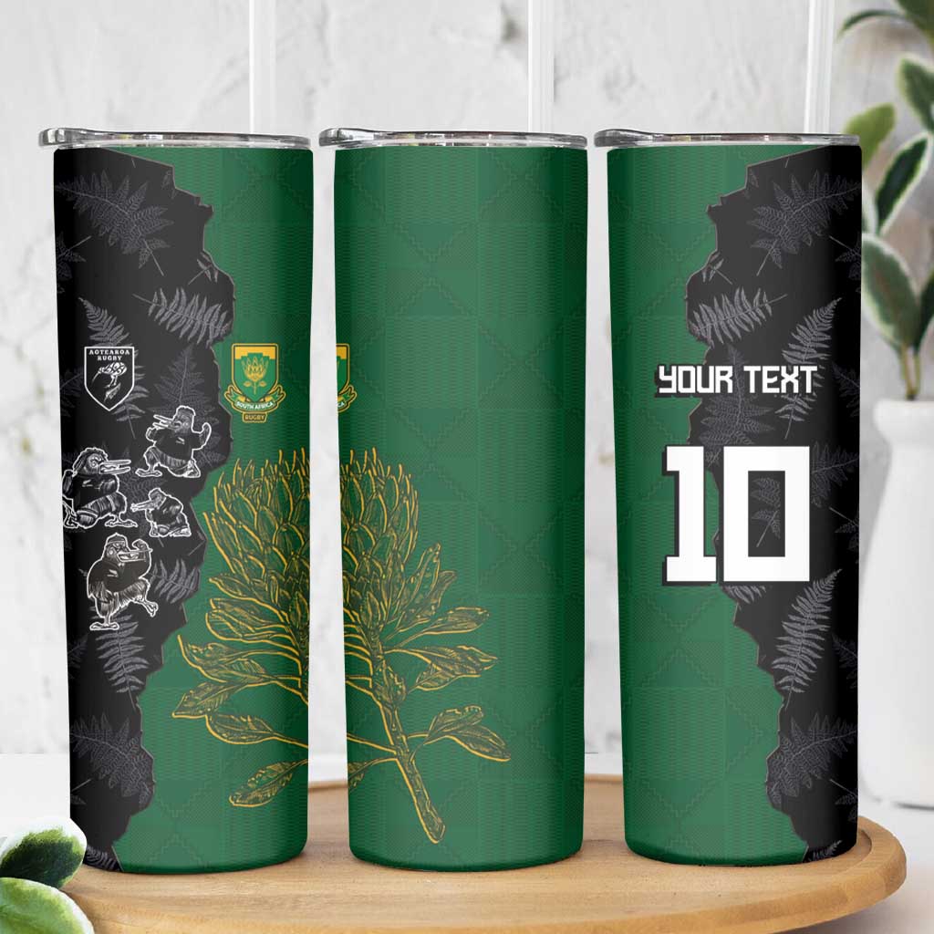 Custom Aotearoa South Africa Rugby Freedom Cup Skinny Tumbler Kiwi Warriors Haka with King Protea Symbol LT03 - Polynesian Pride