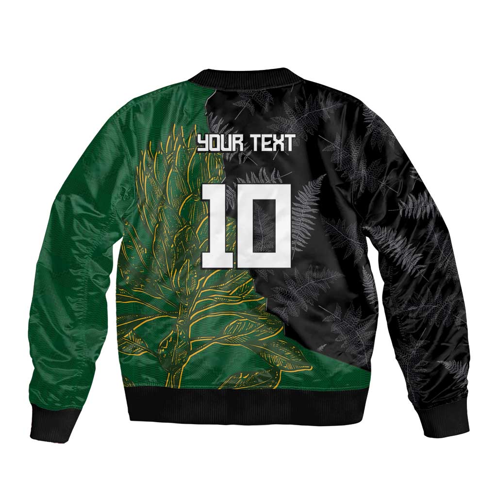 Custom Aotearoa South Africa Rugby Freedom Cup Sleeve Zip Bomber Jacket Kiwi Warriors Haka with King Protea Symbol - Polynesian Pride