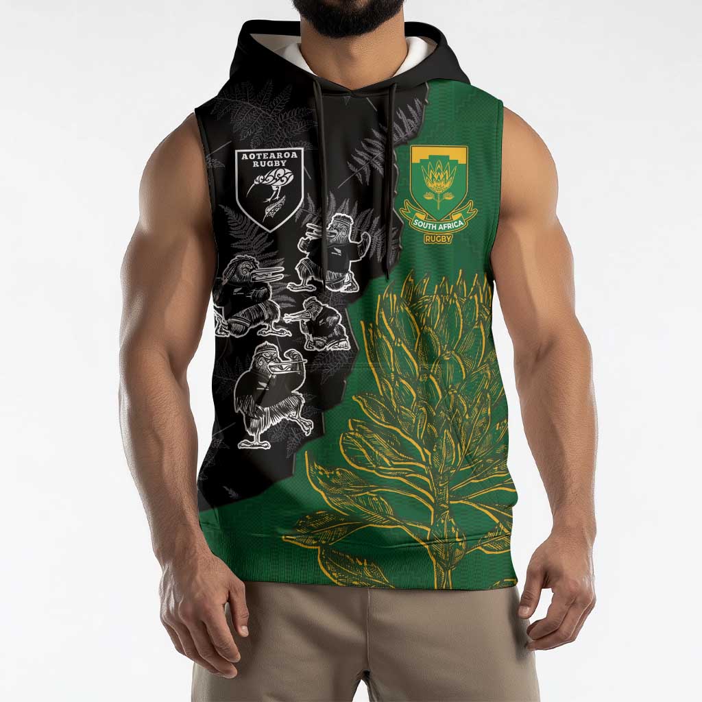 Custom Aotearoa South Africa Rugby Freedom Cup Sleeveless Hoodie Kiwi Warriors Haka with King Protea Symbol LT03 - Polynesian Pride