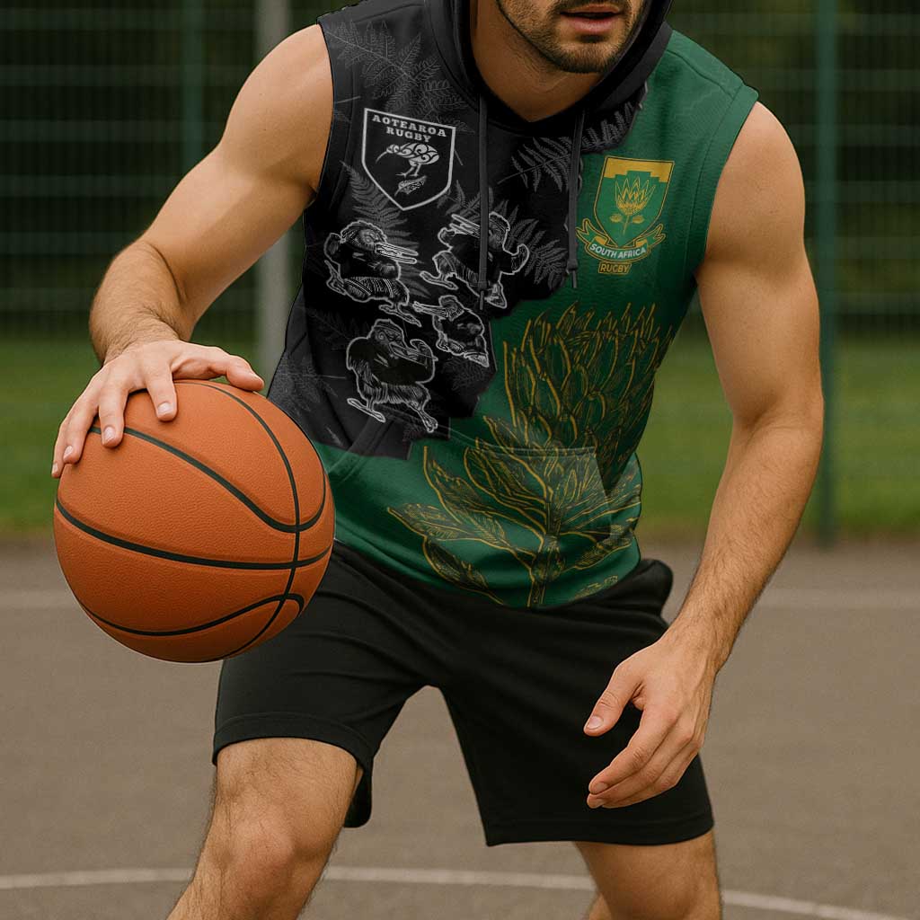 Custom Aotearoa South Africa Rugby Freedom Cup Sleeveless Hoodie Kiwi Warriors Haka with King Protea Symbol LT03 - Polynesian Pride