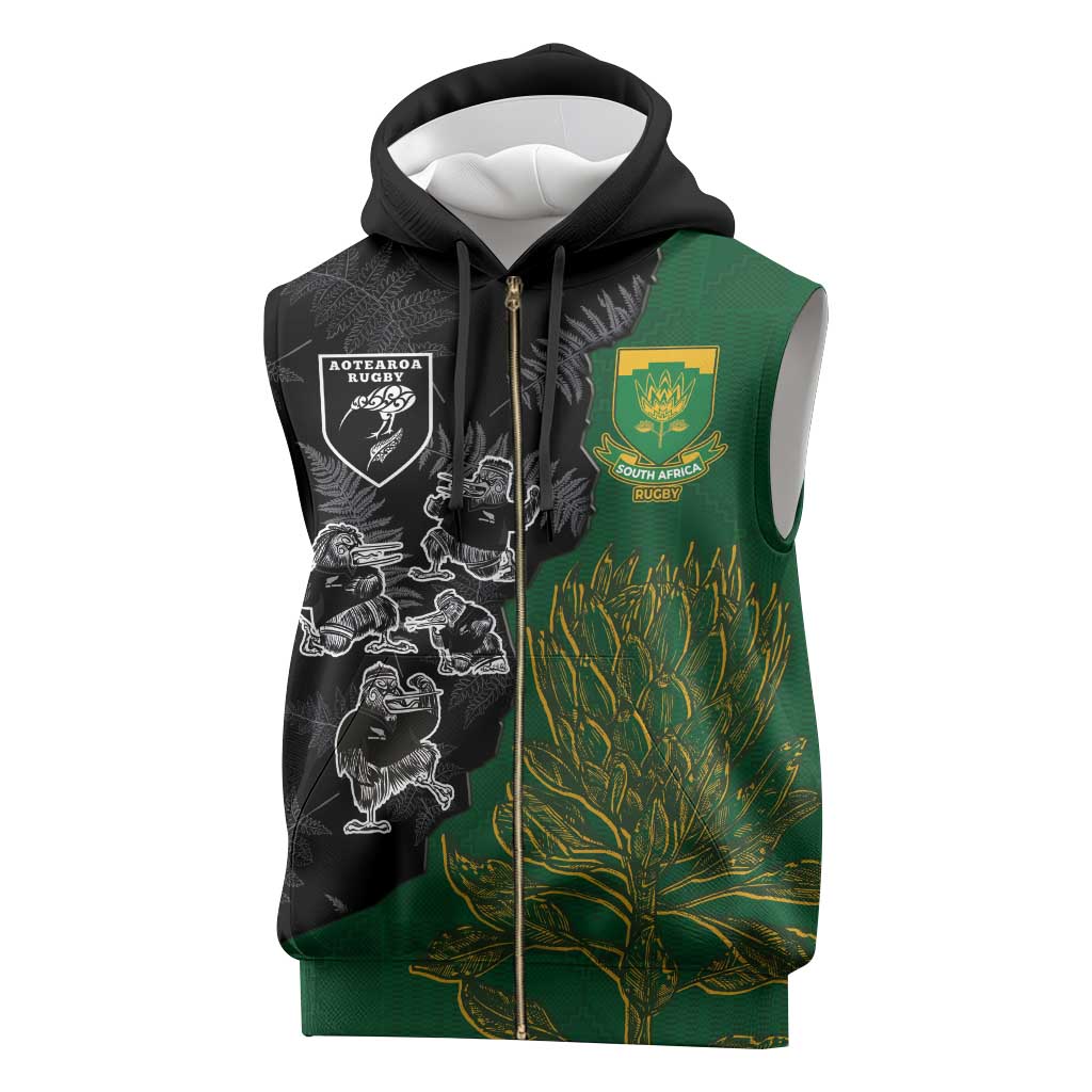 Custom Aotearoa South Africa Rugby Freedom Cup Sleeveless Zip Hoodie Kiwi Warriors Haka with King Protea Symbol - Polynesian Pride