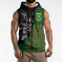 Custom Aotearoa South Africa Rugby Freedom Cup Sleeveless Zip Hoodie Kiwi Warriors Haka with King Protea Symbol LT03 - Polynesian Pride