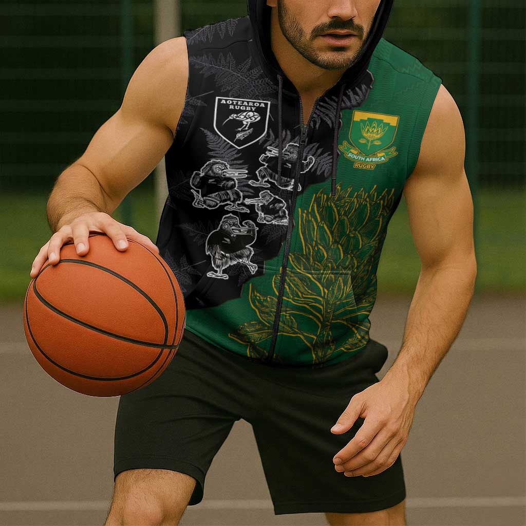 Custom Aotearoa South Africa Rugby Freedom Cup Sleeveless Zip Hoodie Kiwi Warriors Haka with King Protea Symbol LT03 - Polynesian Pride