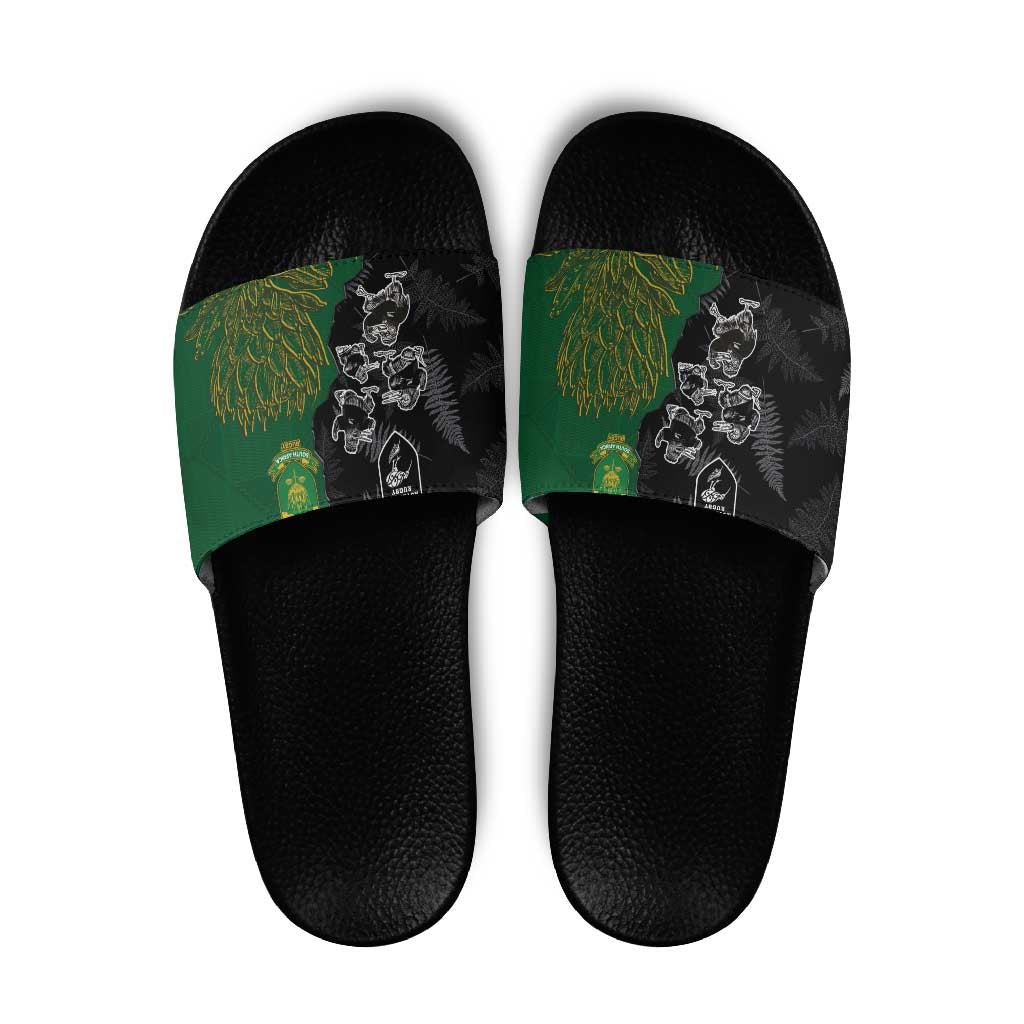 Aotearoa South Africa Rugby Freedom Cup Slide Sandals Kiwi Warriors Haka with King Protea Symbol LT03 Green - Polynesian Pride