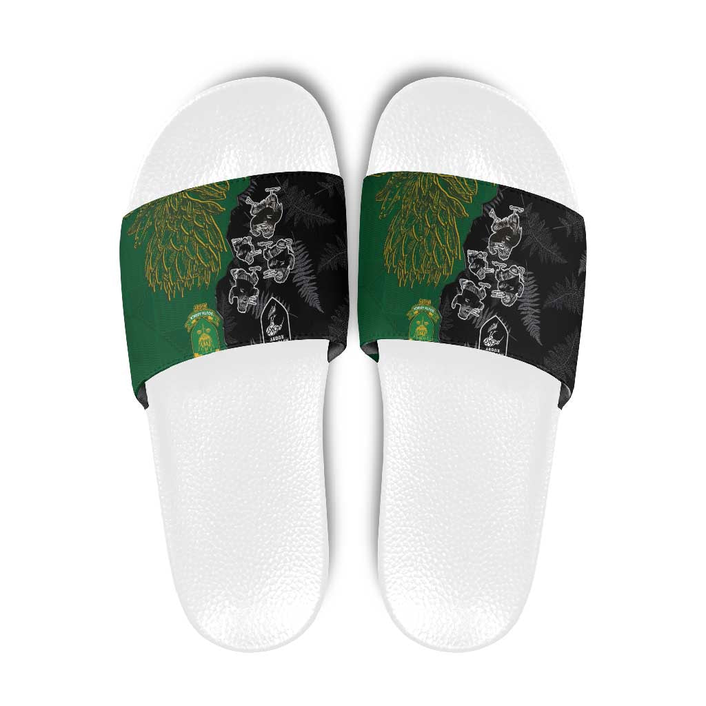 Aotearoa South Africa Rugby Freedom Cup Slide Sandals Kiwi Warriors Haka with King Protea Symbol LT03 Green - Polynesian Pride