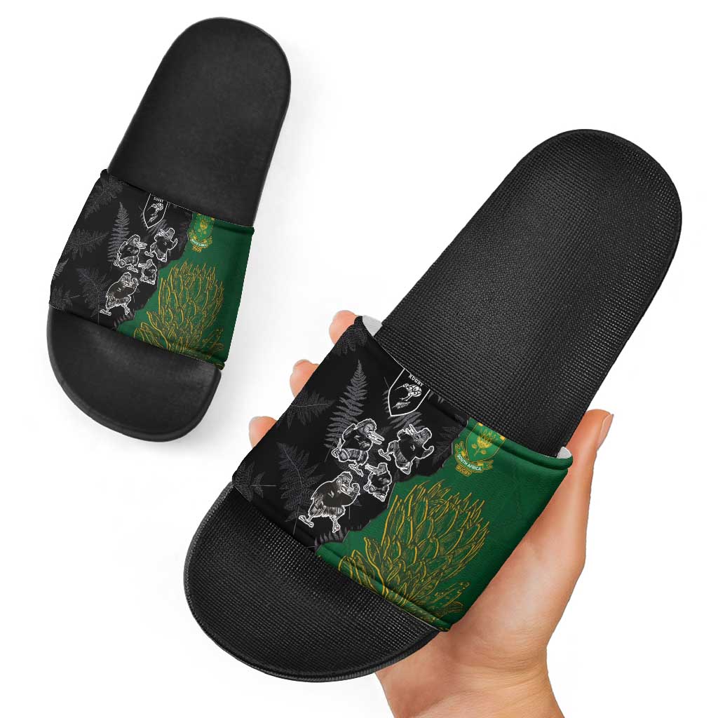Aotearoa South Africa Rugby Freedom Cup Slide Sandals Kiwi Warriors Haka with King Protea Symbol LT03 - Polynesian Pride