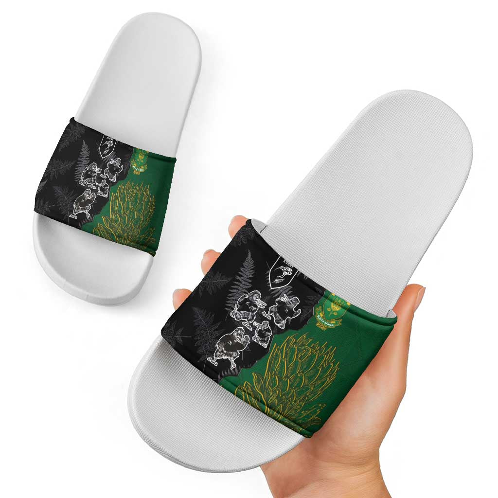 Aotearoa South Africa Rugby Freedom Cup Slide Sandals Kiwi Warriors Haka with King Protea Symbol LT03 - Polynesian Pride