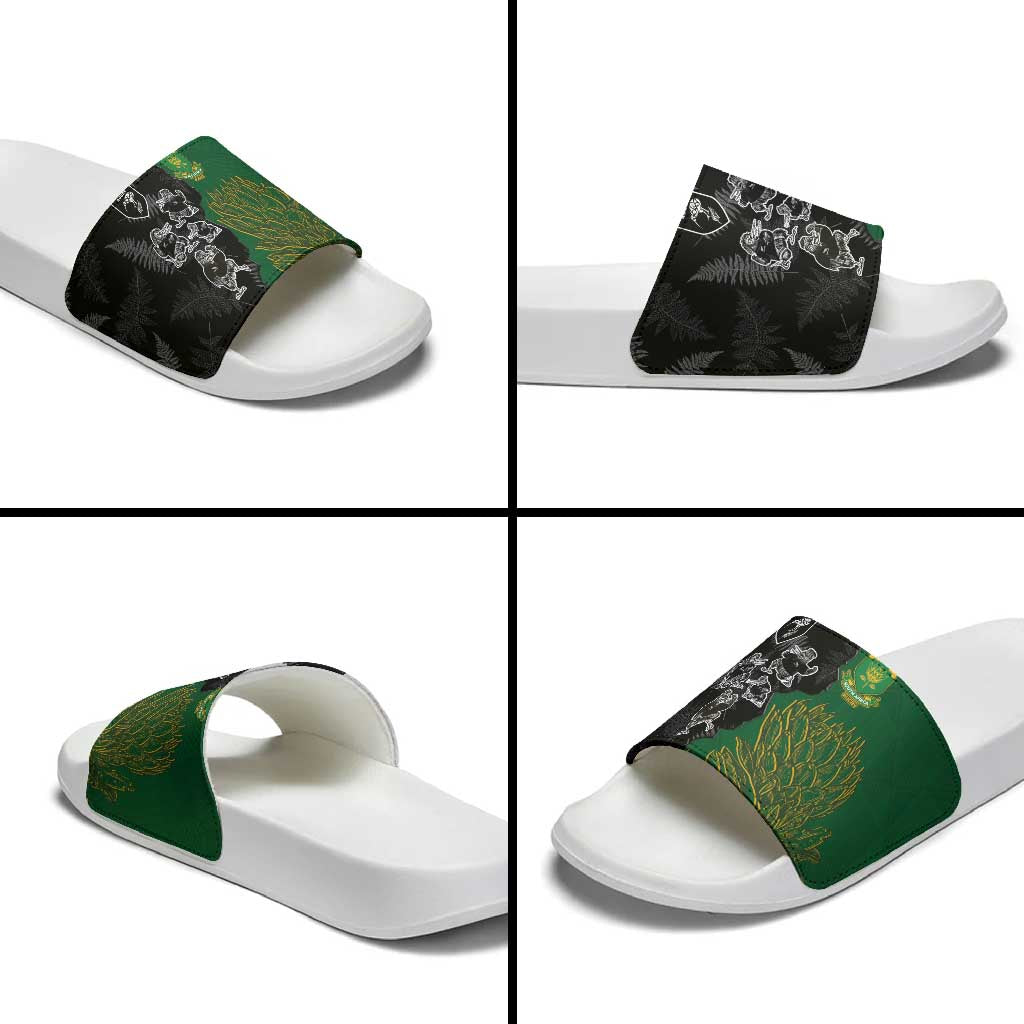 Aotearoa South Africa Rugby Freedom Cup Slide Sandals Kiwi Warriors Haka with King Protea Symbol LT03 - Polynesian Pride