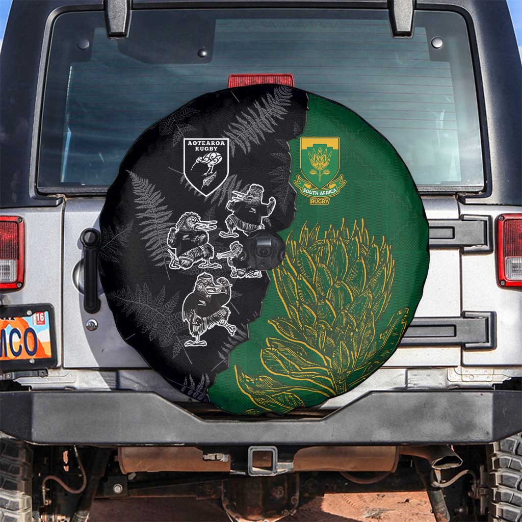 Aotearoa South Africa Rugby Freedom Cup Spare Tire Cover Kiwi Warriors Haka with King Protea Symbol LT03 Green - Polynesian Pride