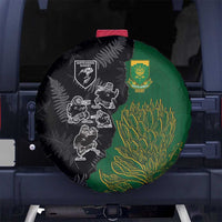 Aotearoa South Africa Rugby Freedom Cup Spare Tire Cover Kiwi Warriors Haka with King Protea Symbol LT03 No hole Green - Polynesian Pride