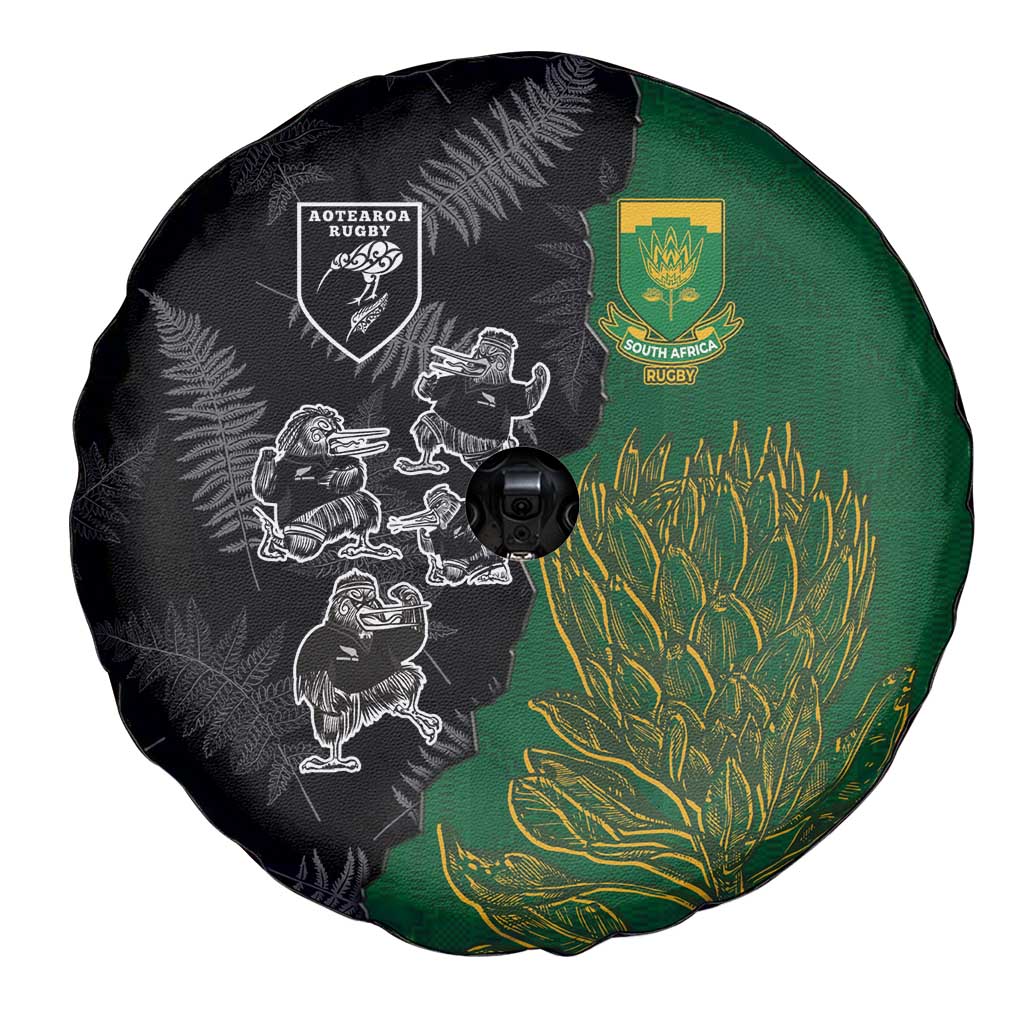 Aotearoa South Africa Rugby Freedom Cup Spare Tire Cover Kiwi Warriors Haka with King Protea Symbol LT03 - Polynesian Pride