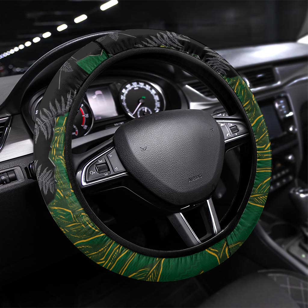 Aotearoa South Africa Rugby Freedom Cup Steering Wheel Cover Kiwi Warriors Haka with King Protea Symbol LT03 Universal Fit Green - Polynesian Pride