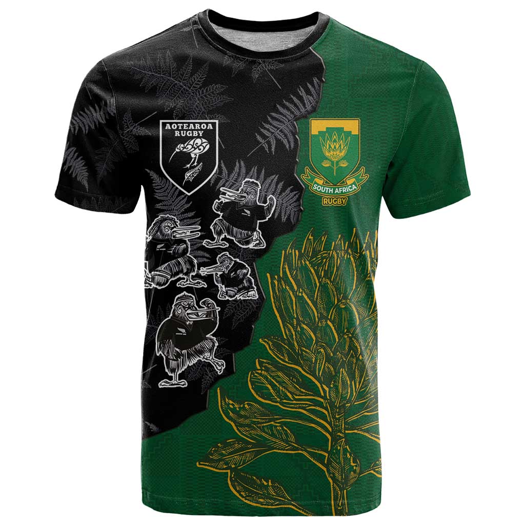 Custom Aotearoa South Africa Rugby Freedom Cup T Shirt Kiwi Warriors Haka with King Protea Symbol LT03 Green - Polynesian Pride