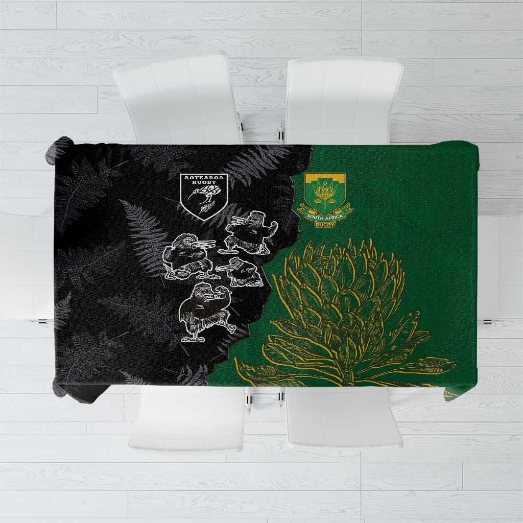 Aotearoa South Africa Rugby Freedom Cup Tablecloth Kiwi Warriors Haka with King Protea Symbol - Polynesian Pride