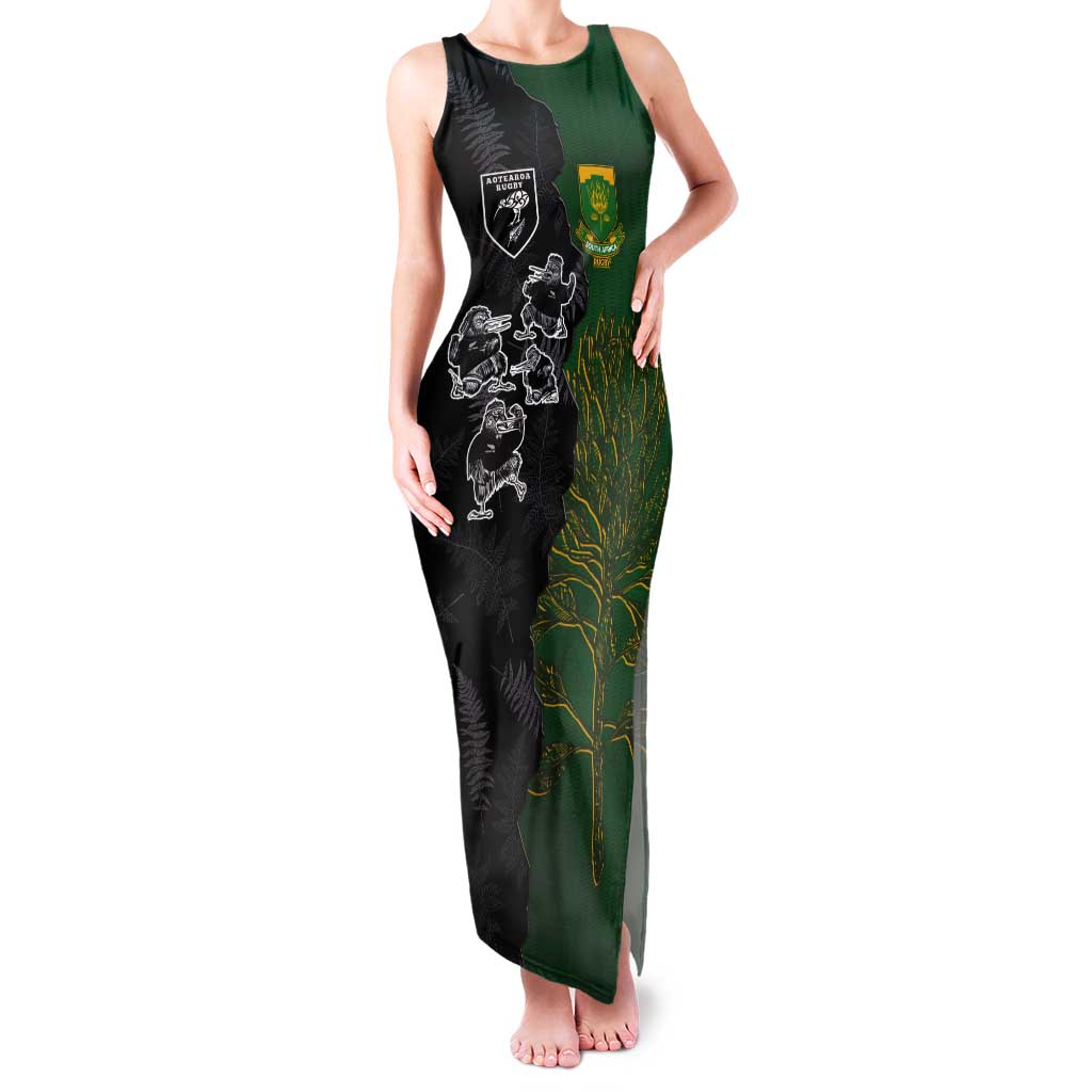 Custom Aotearoa South Africa Rugby Freedom Cup Tank Maxi Dress Kiwi Warriors Haka with King Protea Symbol LT03 Women Green - Polynesian Pride