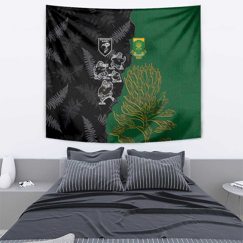 Aotearoa South Africa Rugby Freedom Cup Tapestry Kiwi Warriors Haka with King Protea Symbol - Polynesian Pride