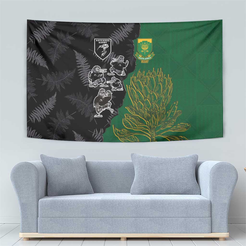 Aotearoa South Africa Rugby Freedom Cup Tapestry Kiwi Warriors Haka with King Protea Symbol - Polynesian Pride